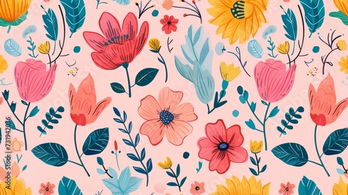 flower  boho  doodle  seamless pattern isolated on pink pastel background. Generative Ai