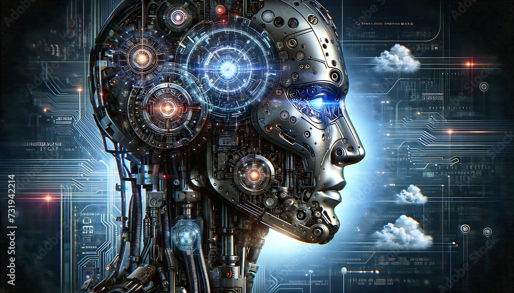 A robotic with a neural network thinks. Artificial intelligence with a digital brain is learning to process big data.