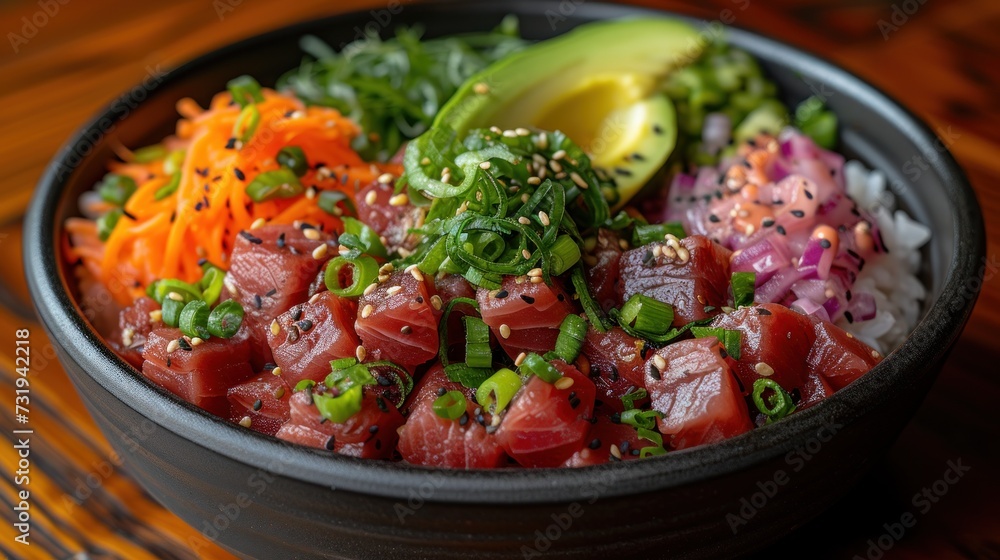 a close up of a bowl of food with meat and veggies on top of rice and garnishes. a close up of a bowl of food with meat and veggies on top of rice and garnishes.