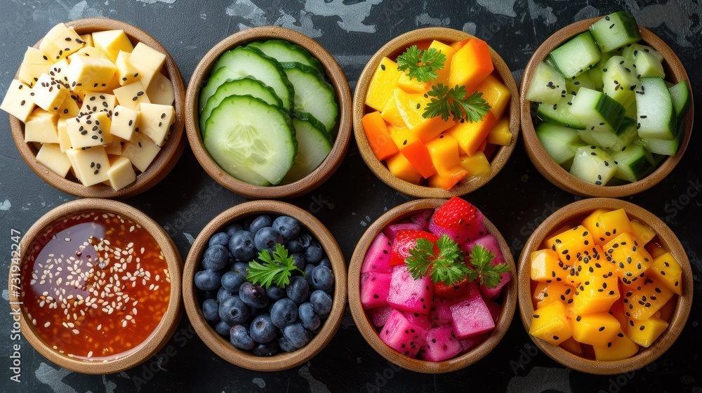 a group of wooden bowls filled with different types of fruits and vegetables next to a bowl of ketchup. a group of wooden bowls filled with different types of fruits and vegetables next to a bowl of ketchup.