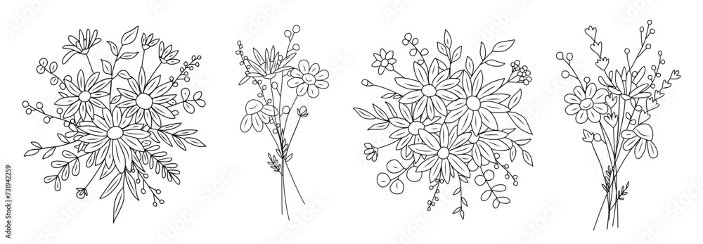 Set of Bouquets with daisy, wild flowers, plants line art vector botanical illustration. Trendy greenery hand drawn black ink sketch. Modern design for logo, tattoo, wall art, branding and packaging.