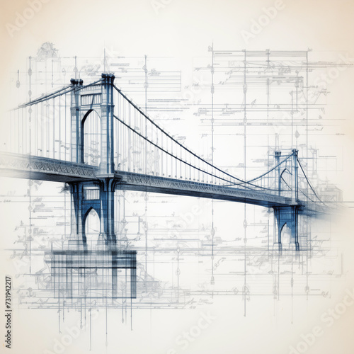 Engineering blueprint line drawing of golden gate bridge photo
