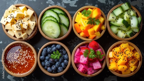 a group of wooden bowls filled with different types of fruits and vegetables next to a bowl of ketchup.