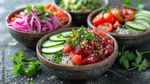a close up of a bowl of food with cucumbers, tomatoes, cucumbers and other vegetables.
