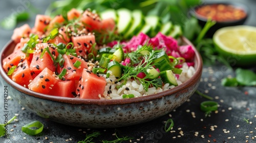 a close up of a bowl of food with watermelon, rice and garnishes on a table.