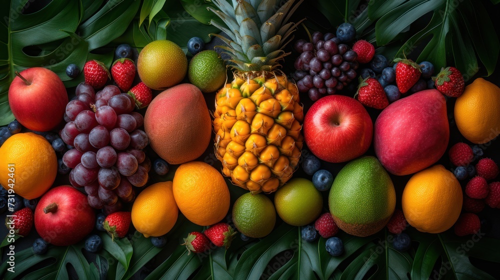a pineapple, oranges, grapes, strawberries, apples, and other fruit are arranged in a pattern.