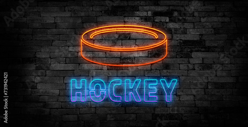 Photography Hockey championship neon sign with hockey sticks, puck and goalkeeper helmet in shield frame