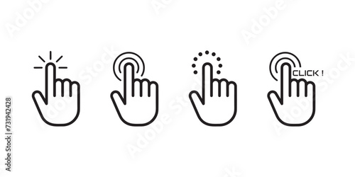 Click here icon set in line style. Hand click, Hand clicking, finger, Touch screen, pointer, cursor, gesture, mouse press push simple black style symbol sign for apps and website, vector illustration. photo