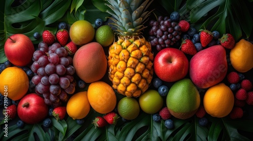 a pineapple  oranges  grapes  strawberries  apples  and other fruit are arranged in a pattern.