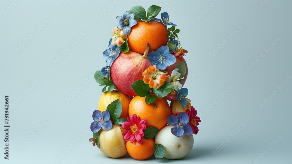 a tall tower of fruit with flowers and leaves on top of each of the fruits and flowers on each of the sides of the tower.