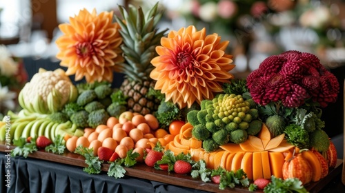 a table topped with lots of different types of fruits and veggies on top of a black table cloth.