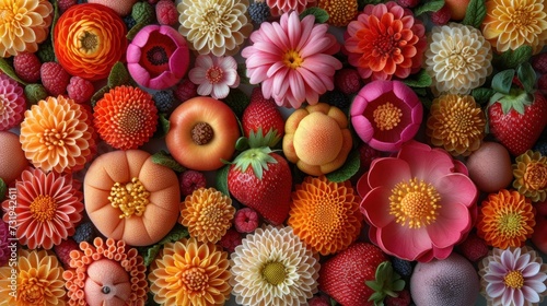 a bunch of flowers that are on top of a bed of strawberries and strawberries on top of each other. photo