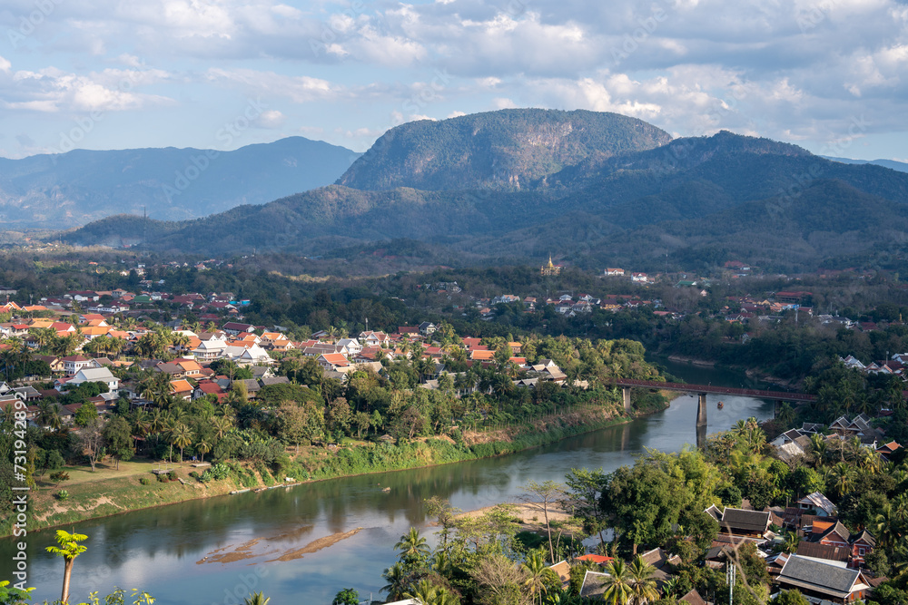 View of the countryside and the city of Luang Prabang from the top of Mount Phousi in Laos, Southeast Asia.