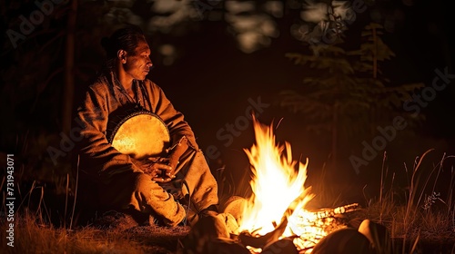 A shamanic leader in traditional garb, invoking the power of nature and the divine in sacred ceremonies.