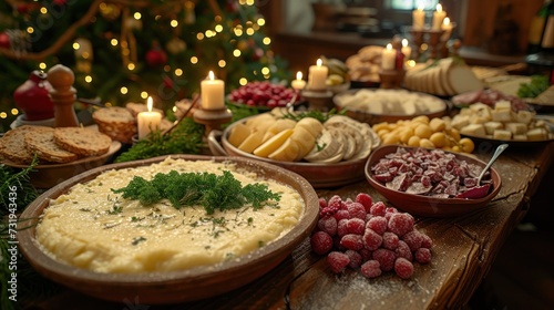 a wooden table topped with plates of food and a christmas tree in the background with lit candles and a christmas tree in the background. photo