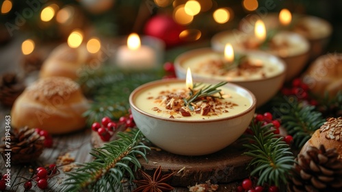 a close up of a bowl of food with a lit candle in the middle of the bowl on a table.