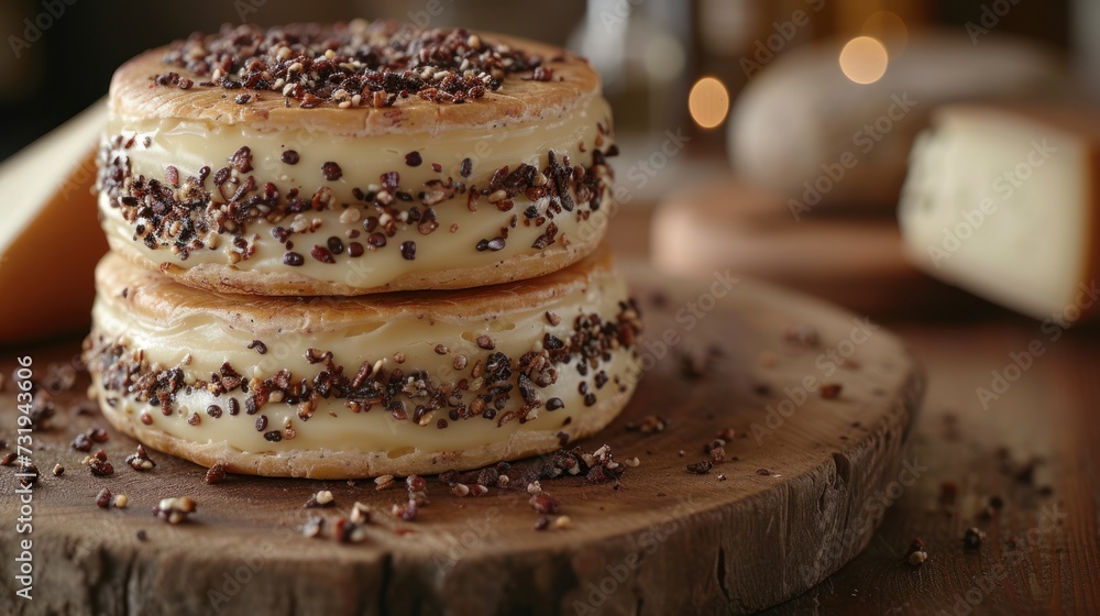 a couple of doughnuts sitting on top of a wooden cutting board covered in chocolate sprinkles. a couple of doughnuts sitting on top of a wooden cutting board covered in chocolate sprinkles.