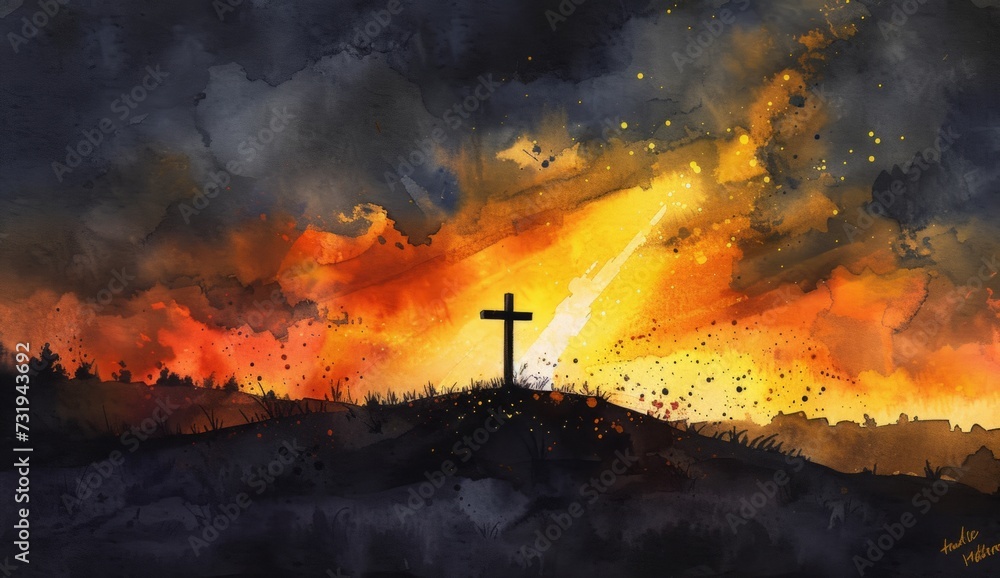 a cross painting in watercolors on a dark sky Generative AI
