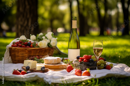 Summer romantic picnic in park. Basket of fruits on grass. Pie  berries  wine. Summertime