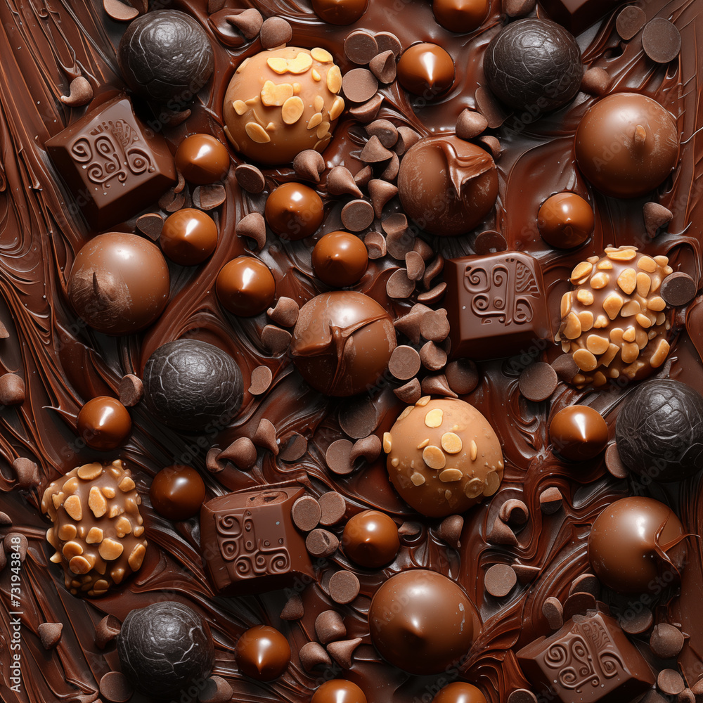 Delicious candies with nuts and chocolate balls on chocolate background. Top view texture. Flat lay pattern. Close-up. Concept of mood booster, sweet food rich in sugar and cocoa. Delicious candies with nuts and chocolate balls on chocolate background. Top view texture. Flat lay pattern. Close-up. Concept of mood booster, sweet food rich in sugar and cocoa.