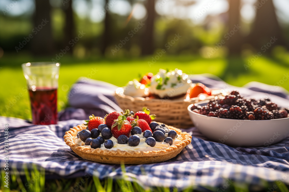 Summer romantic picnic in park. Basket of fruits on grass. Pie, berries, wine. Summertime Summer romantic picnic in park. Basket of fruits on grass. Pie, berries, wine. Summertime