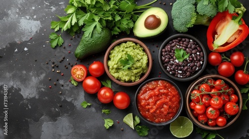 a table topped with bowls filled with different types of vegetables and sauces next to avocado, tomatoes, black beans, and broccoli. photo