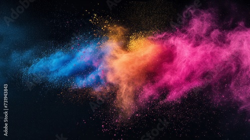 Colored scattering of multi-colored powder on a dark background. Holi celebration concept in India