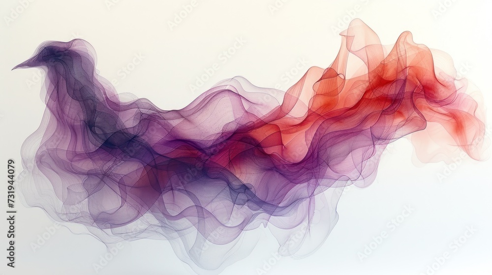 a blurry image of a bird flying in the air with red and purple smoke coming out of its body.