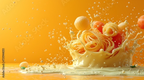 a bunch of oranges falling into a bowl of noodles with milk splashing out of it on an orange background. photo