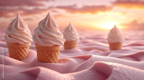 a group of three ice cream cones sitting on top of a bed of pink fabric under a sky with clouds. photo