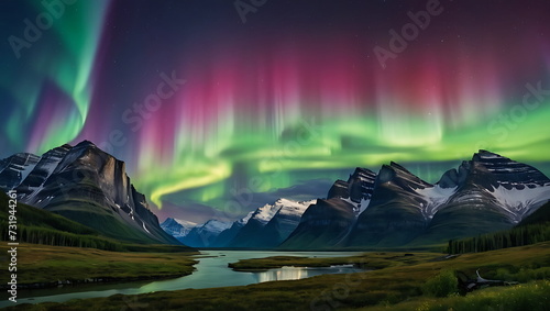 A stunning panorama of the snow and the mountains, illuminated by the dancing Northern Lights. photo
