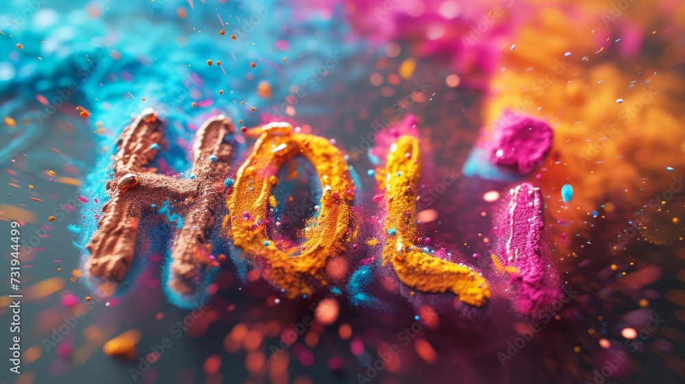 Colored inscription Holi made from multi-colored powder for the day of celebration of the holy traditional holiday of Holi in India