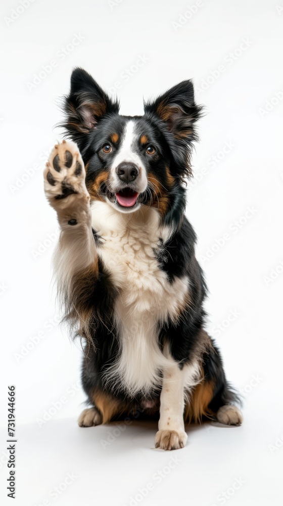 Friendly Dog Waving Hello.
Cheerful dog raising paw in a friendly greeting.