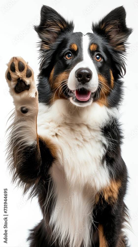 Friendly Dog Waving Hello.
Cheerful dog raising paw in a friendly greeting.