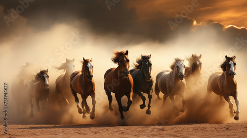Equestrian Elegance: Majestic horses galloping through the arid desert, creating a dynamic spectacle of strength and freedom