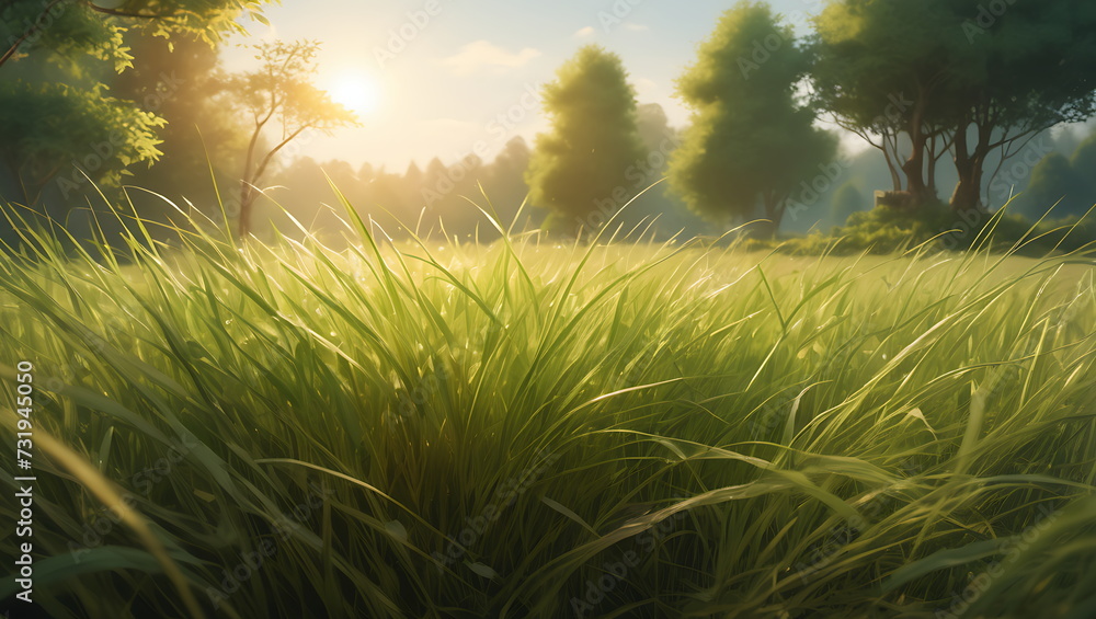 Close-up of fresh green grass in the meadow during golden hour. Concept of warm spring season and outdoor beauty.
