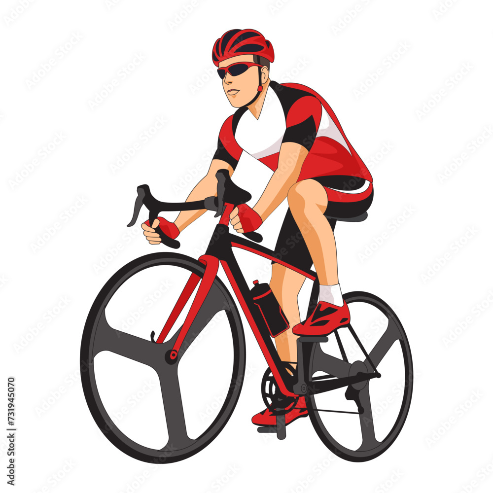 Fototapeta premium a man is riding a bicycle fast. wear full equipment. helmet and gloves. Vector Image