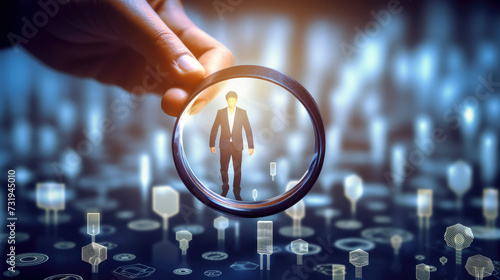 HRM or Human Resource Management, Magnifier glass focus to manager icon which is among staff icons for human development recruitment leadership and customer target
