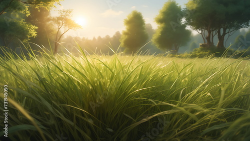 Close-up of fresh green grass in the meadow during golden hour. Concept of warm spring season and outdoor beauty.