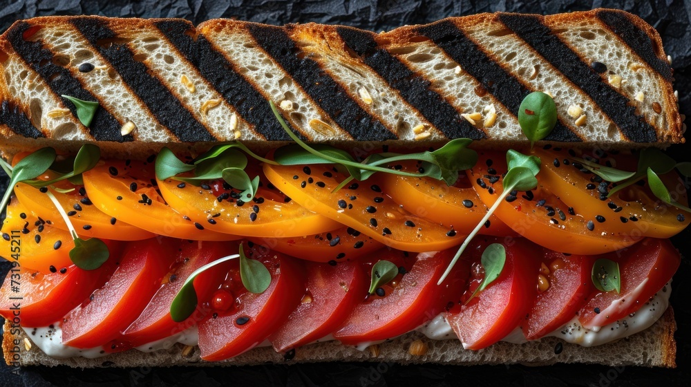 a close up of a sandwich with tomatoes, cheese, and other toppings on a piece of toasted bread. a close up of a sandwich with tomatoes, cheese, and other toppings on a piece of toasted bread.
