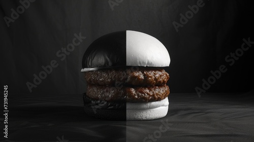 two hamburgers stacked on top of each other in a black and white photo with a black and white background. photo