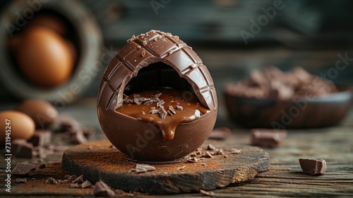a chocolate egg sitting on top of a piece of wood next to eggs and chocolate shavings on a table. photo