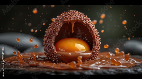 a close up of a piece of chocolate with an egg in the center surrounded by drops of chocolate on a table. photo