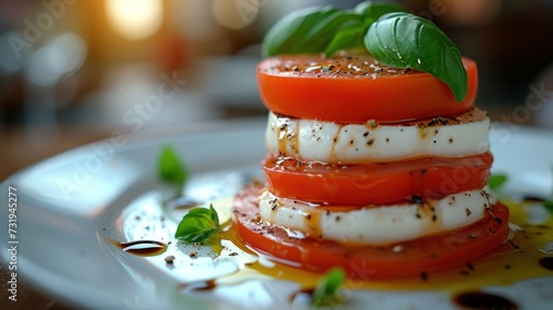 a close up of a plate of food with tomatoes and mozzarella on the top of the pile of mozzarella. photo