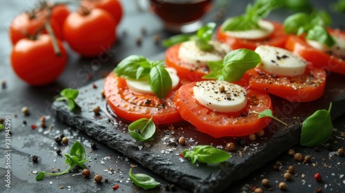 a cutting board topped with sliced tomatoes and mozzarella sprinkled on top of a black slate surface.
