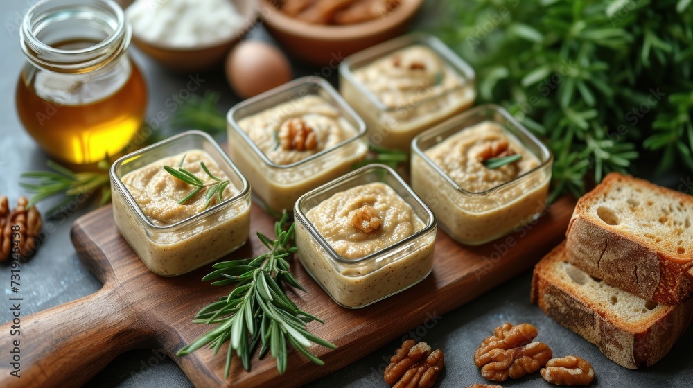 a wooden cutting board topped with small containers filled with food next to nuts and a jar of honey on top of a table. a wooden cutting board topped with small containers filled with food next to nuts and a jar of honey on top of a table.