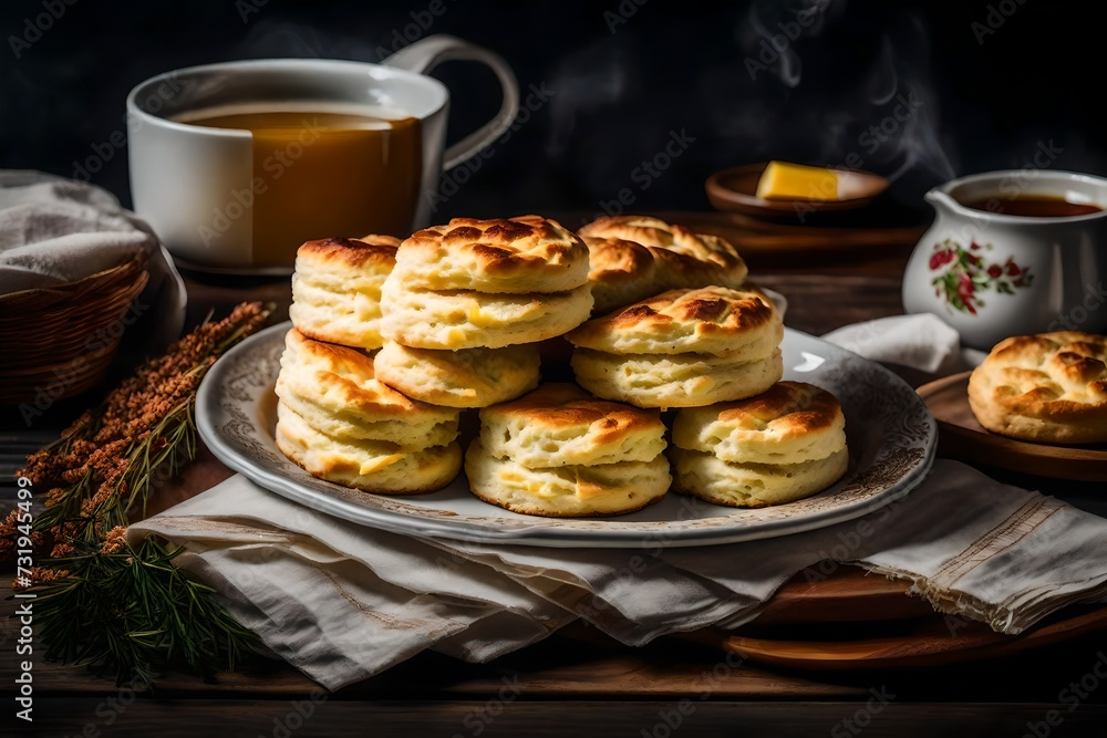 A dish of fluffy buttermilk biscuits and melting butter. 