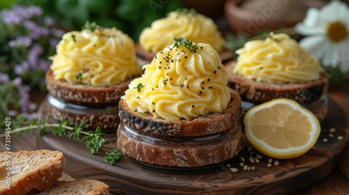 a close up of a plate of food with some bread and a lemon slice on the side of the plate. photo