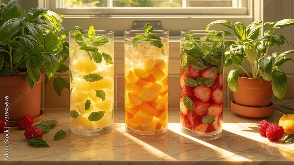 a row of glass vases filled with different types of fruits and veggies on top of a counter. a row of glass vases filled with different types of fruits and veggies on top of a counter.