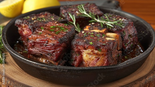 a close up of meat in a pan on a wooden surface with lemons and a knife in the background.